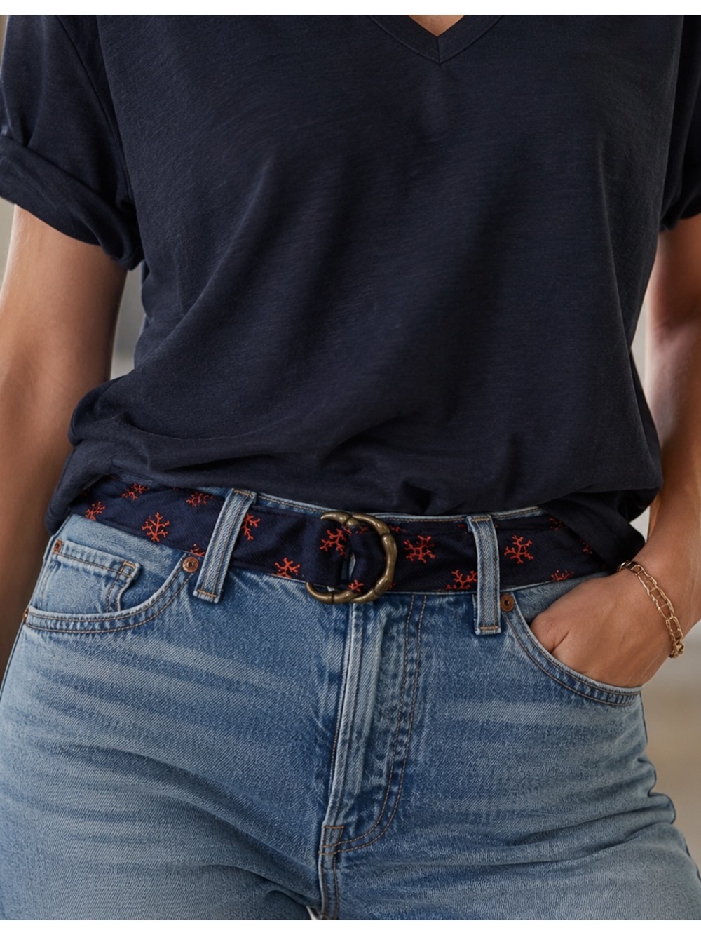 VTG J Crew all Silk double D Ring Belt Embroidered detail M/L